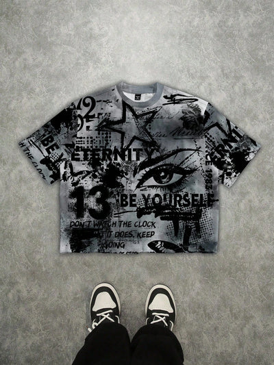 Manfinity ZONE917 Men's Street Style Loose Graffiti Oversized Print Short Sleeve T-Shirt
